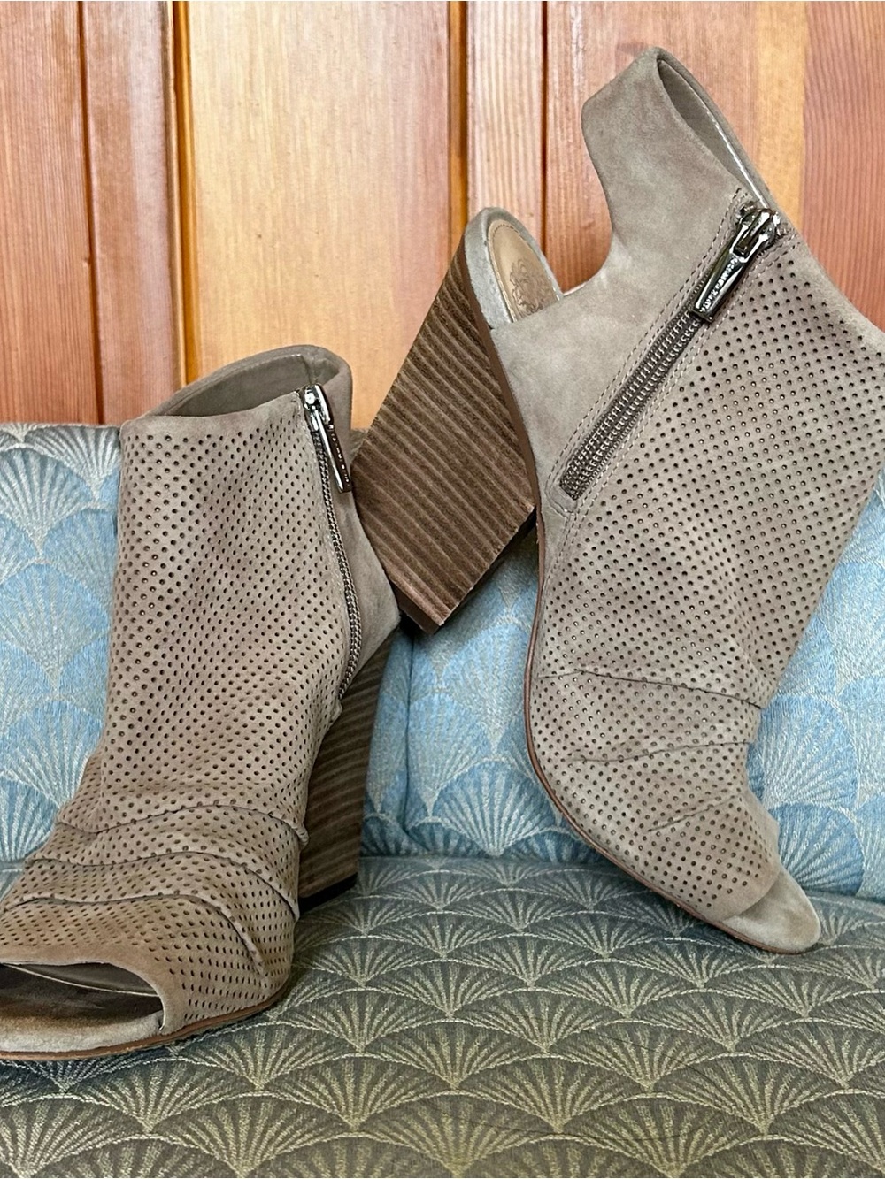 Vince Camuto Taupe Perforated Suede Peep-Toe Block Heel Booties
